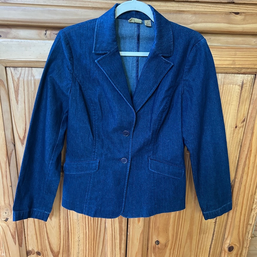 Caslon Blazer Dark Denim Fitted‎ Pockets Button Closure Cotton Blend Small